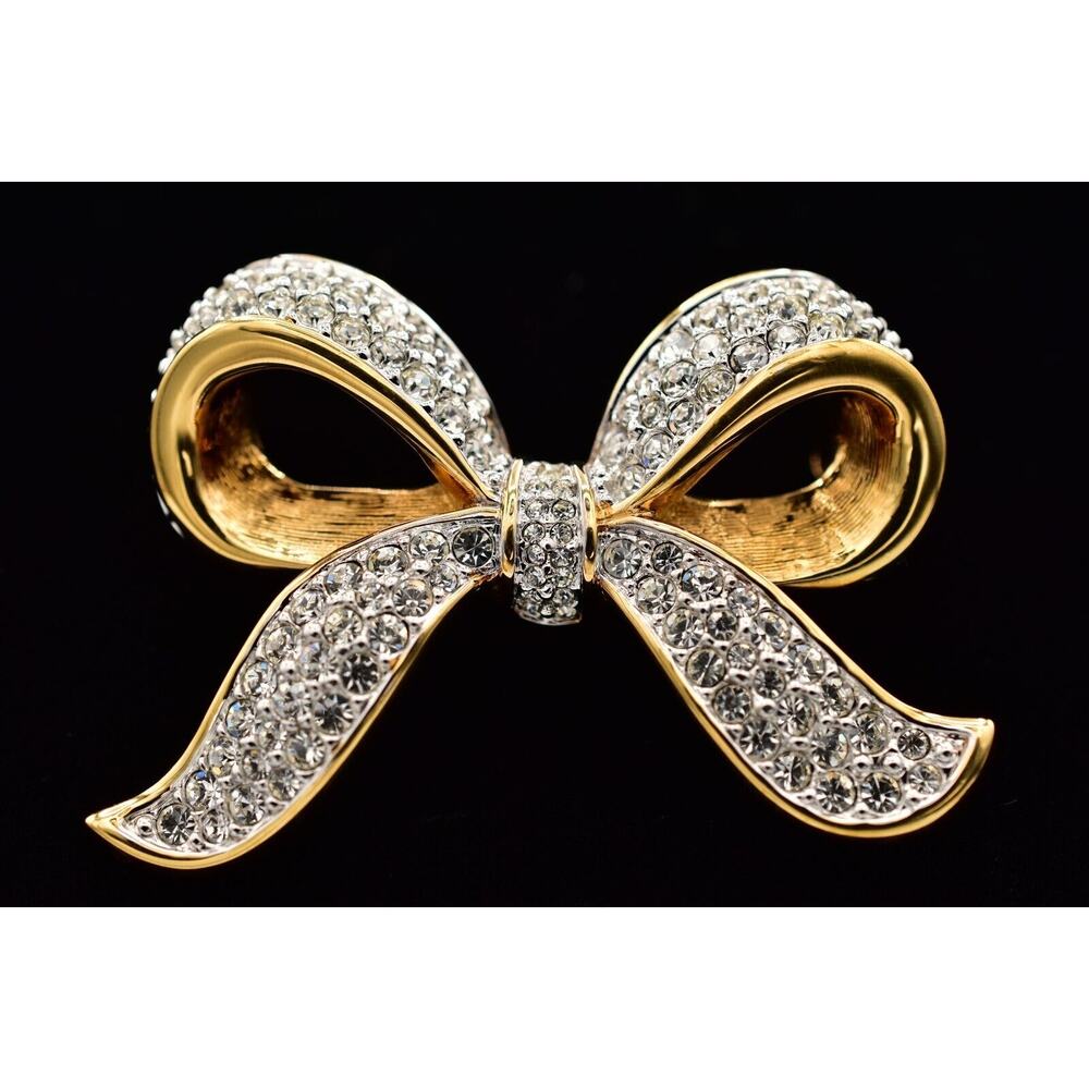 Swarovski Vintage Bow Crystal Pin Brooch Gold Pave Swan Signed 1990s BinBG